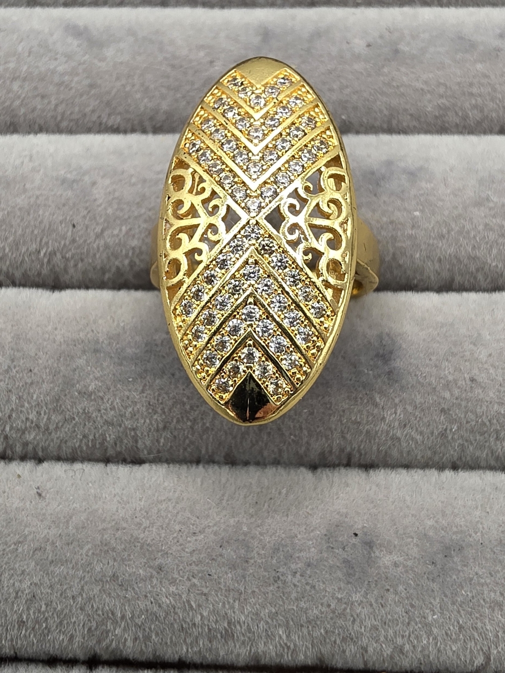 Gold-Tone Oval Filigree CZ Statement Adjustable Ring - Gold
